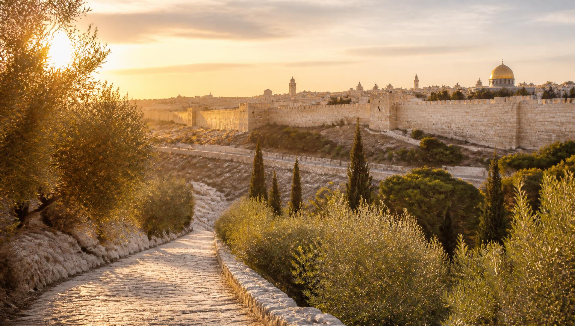 A stone pilgrim path leading toward the walls of old Jerusalem at golden hour